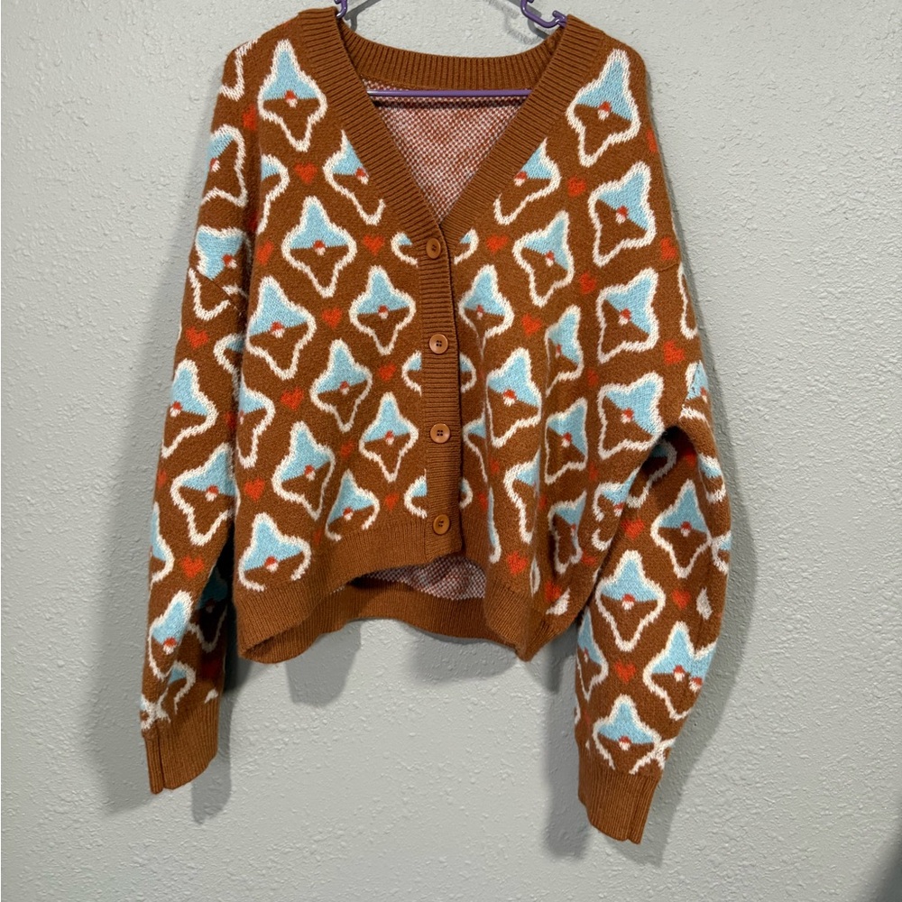 Cider Brown and Blue Geometric Cardigan